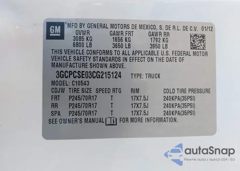 2012 Chevrolet Silverado 1500 Lt из США, поврежденный, VIN 3GCPCSE03CG215124